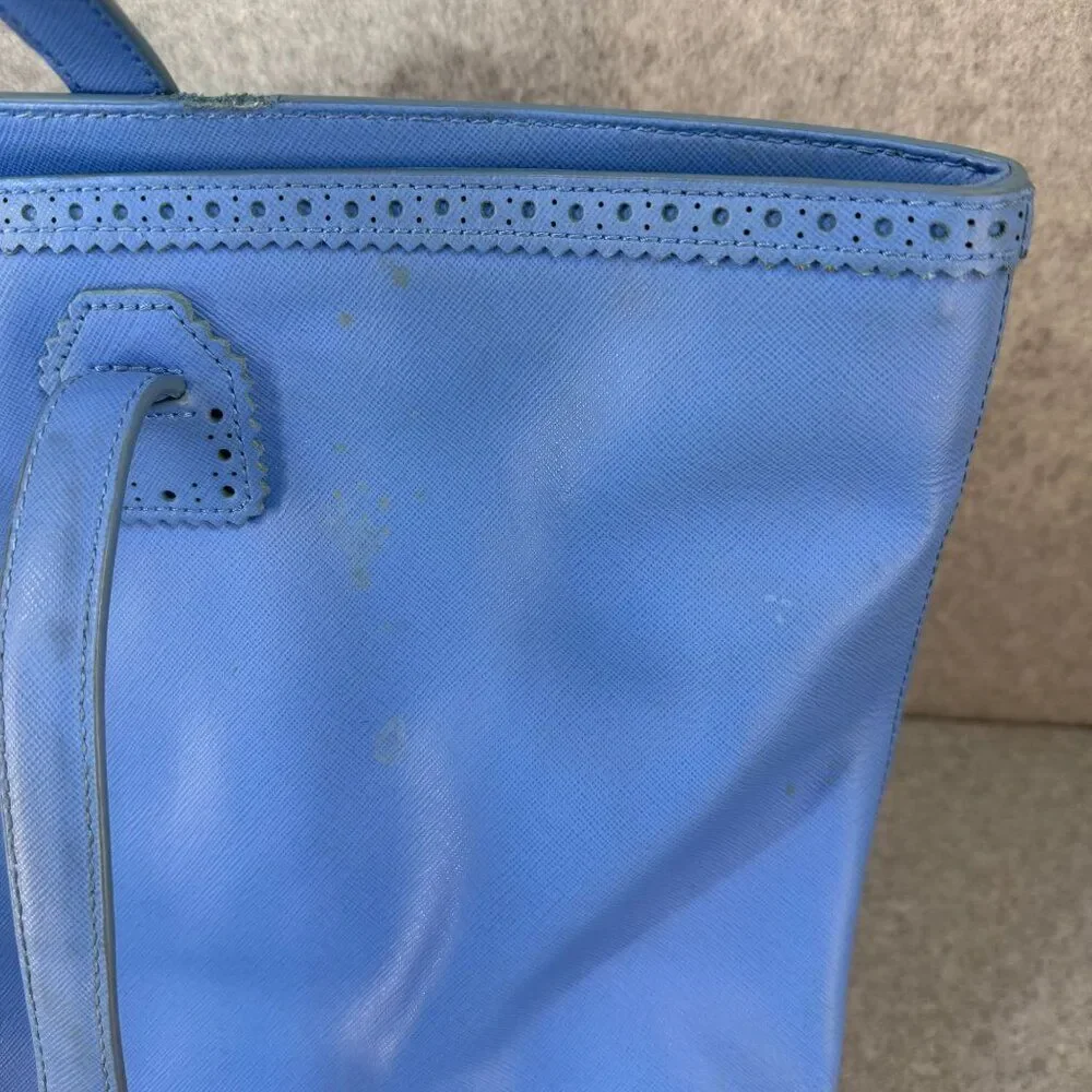 Tory Burch Blue Leather‎ Tote Bag Perforated Details Gold Logo  Shopper Tote